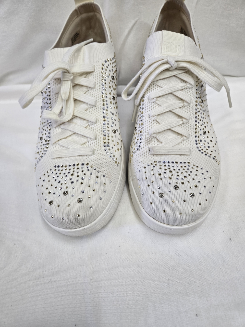 Fitflop White Knit Sneakers with Silver Rhinestone Accents